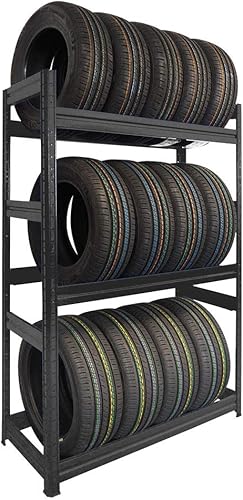 Scaffale PORTA GOMME in metallo 3 ripiani cm L120xP50xH177, Capacità 12 pneumatici, Nero ad Incastro - Honorern