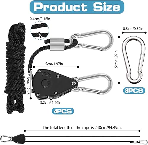 4 Pezzi 2,4m Cinghia A Cricchetto con 8 Moschettone, 1/8' Corda con Carrucola con Capacità di Carico di 68 Kg, Lunghezza Regolabile Cinghie A Cricchetto Facile da Usare - Honorern