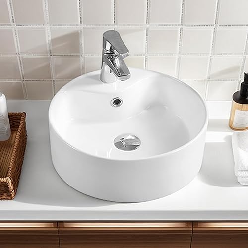 Lavabo Rotondo 41x41x14,5cm, Lavabo in Ceramica con Foro per Rubinetto e Troppopieno, Lavandino Bagno Lavanderia Piccolo Lavabo per Toilette Ospiti Lavabo da Appoggio Bianco - Honorern