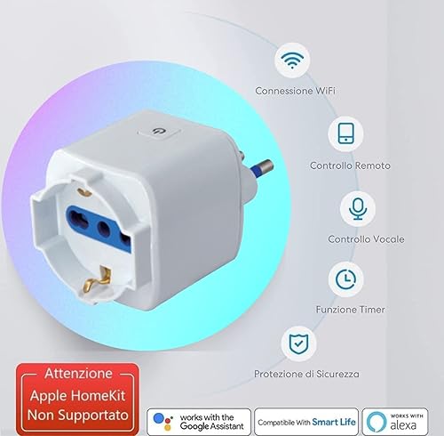 Spina Intelligente Wi-Fi P40 Presa Schuko + Bipasso (Italiana Tipo L), Wifi Smart, Timer e Controllo remoto da APP, Compatibile con Alexa e Google - Honorern