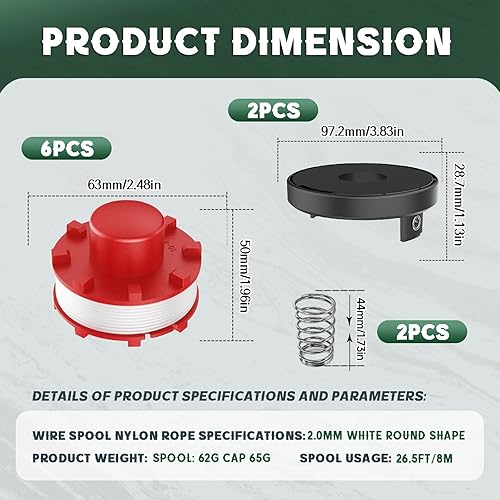 Bobina di filo di ricambio compatibile con Einhell GE-CT 36/30 LI E SOLO, AGILLO 36/255 BL, AGILLO 18/200, bobina di filo di ricambio compatibile con Einhell 3405096, tappo TLE-01-1 (6 bobine - Honorern