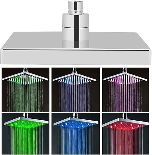 Soffione doccia fisso quadrato, 20,3 cm, a LED, soffione doccia a cascata in acciaio al carbonio, soffione regolabile per bagno, soffione a cascata con 7 colori che cambiano accessori per la casa - Honorern
