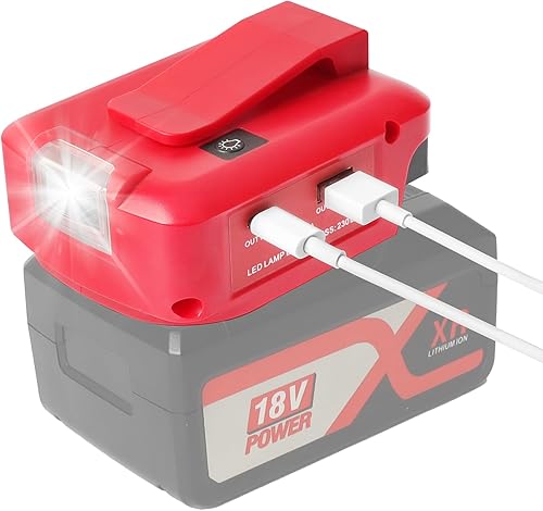 Adattatore batteria USB per sistema di batterie Einhel_l_Power X-Change 18V con porta DC 12V e doppia porta USB e luce di lavoro a LED e clip da cintura (batteria non inclusa) - Honorern