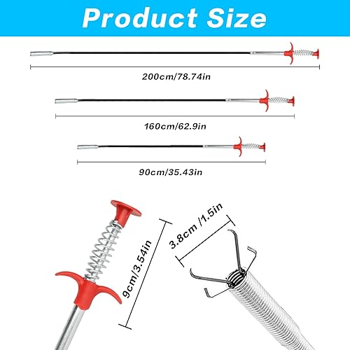 3 Pz Pinza Stura Lavandini e Scarichi, 90/160/200 cm Sonda Sturatubi Professionale, Pinza Telescopica Prendi Oggetti Flessibile, Spirale Pulizia Tubi, Stura Tubi di Scarico Doccia Cucina Bagno Fogne - Honorern