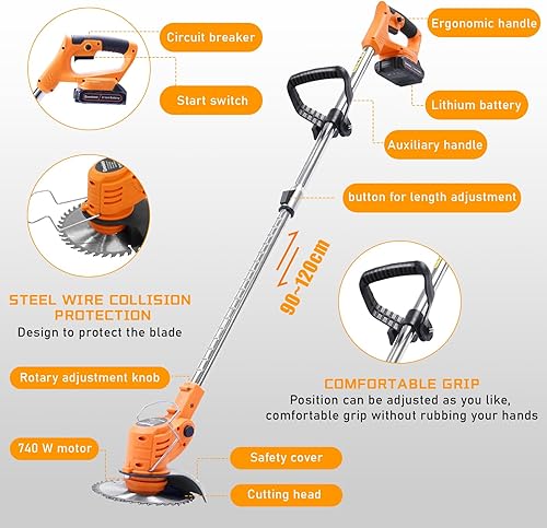 Tagliaerba a Batteria, Decespugliatore Elettrico Brushless, Decespugliatore Multifunzione con 2 Batterie, 4 Tipi Lame,Testata Regolabile e Maniglia Telescopica Tagliaerba per Giardino - Honorern