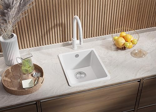 PRIMAGRAN Lavello da Cucina Bianco 36x44cm, Lavandino da Cucina a 1 vasca + Sifone Classico, Lavabo da Cucina Incasso al mobile 40cm - Venezia Slim Easy - Honorern