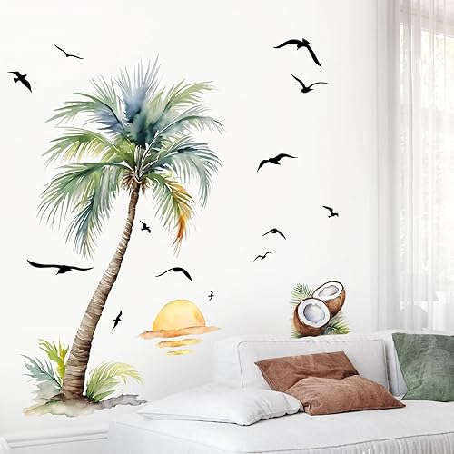 Supzone Adesivi Murali Palma Adesivi da Parete Piante Tropicali Spiaggia al Tramonto Decorazione Murale per Camera da Letto Soggiorno Ufficio TV Parete - Honorern