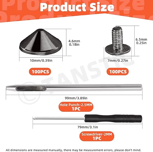 Set da 100 pezzi (202 pezzi) di punte per cone nero e borchie e borchie in metallo, 10 punte da 4,7 mm, con strumenti di installazione per la pelle - Honorern