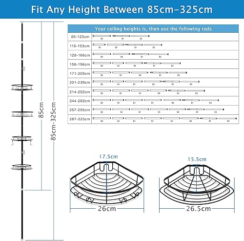 Telescopica Mensola Doccia Senza Foratura Mensole Bagno Angolare Metallo Portaoggetti Doccia con 4 Ripiani per Vasca da Bagno 85-325CM Grigio - Honorern