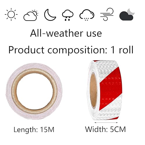 15 m × 5 cm Nastro Catarifrangente Adesivo, Nastro riflettente, Nastro Segnaletico Rosso Bianco, per la Sicurezza dei Segnali di Avvertimento - Honorern