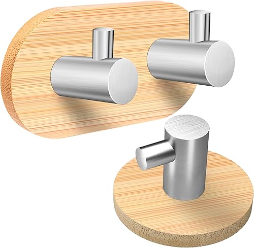 Ganci Portasciugamani Adesivi in Bambù e Acciaio Inox, Ganci per Asciugamani Autoadesivi, Gancio Accappatoio Parete per Soggiorno, Cucina, Bagno, Camera da Letto 2 PCS (S+M) - Honorern