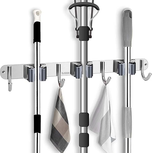 Portascope da Muro 3 Posti Portaspazzole da Muro e 4 Ganci Salvaspazio in Acciaio Inossidabil per Bagno o Cucina Giardino - Honorern