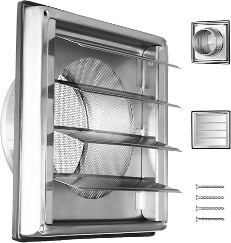 Griglia di ventilazione 150 mm in acciaio inox con griglia di protezione dagli insetti e valvola di ritorno, lamelle per montaggio a parete esterna di impianti di ventilazione e cappe con guarnizione - Honorern