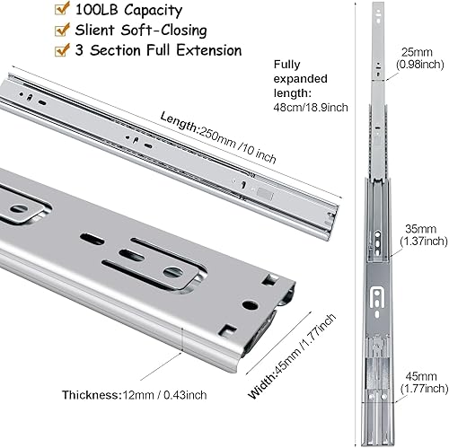 guide per cassetti 6 paia (12 pezzi), 45 cm Chiusura automatica morbida, guide per cassetti estrazione totale con guide con cuscinetti a sfera, guide cassetti 100 libbre di capacità - Honorern