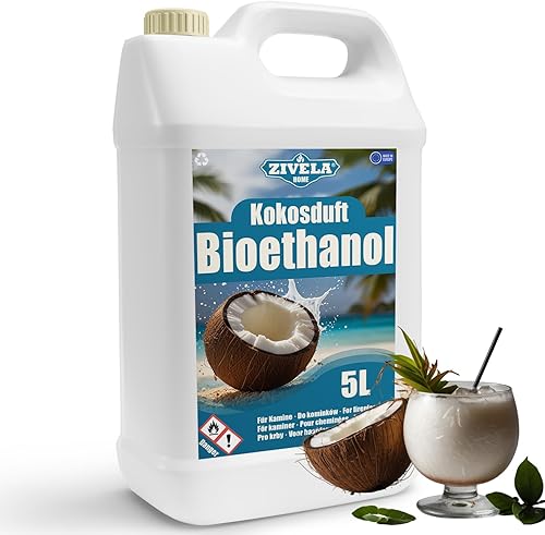 Bioetanolo 96,6% 5 l | Alcool bio profumo noce di cocco 96,6% 5 l | Camino a bioetanolo | Profumo di cocco | Combustione pulita, senza fumo, fiamma - Honorern