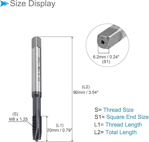 Maschi Spirale Dimensioni Filettatura M8x1.25 Maschio Filettatura Metrica Hss Rivestito Ticn - (Applicazioni: Foratura e Filettatura Alluminio e Acciaio Inossidabile) - Honorern