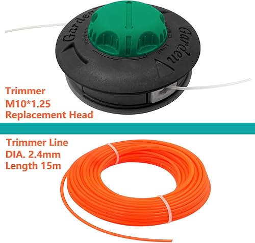 Testa di ricambio universale M10 x 1,25 con filettatura sinistra per decespugliatore, linea di uscita automatica con filo per decespugliatore da 15 m e 2,4 mm, facile velocità di carico - Honorern