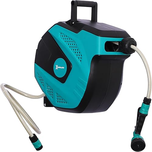 DURHAND Avvolgitubo da Giardino Retrattile con Tubo dell'Acqua 15m, Avvolgitubo da Parete Girevole a 180°, Avvolgitubo Automatico con 7 Modalità di Irrigazione e Kit di Montaggio, Nero e Verde - Honorern