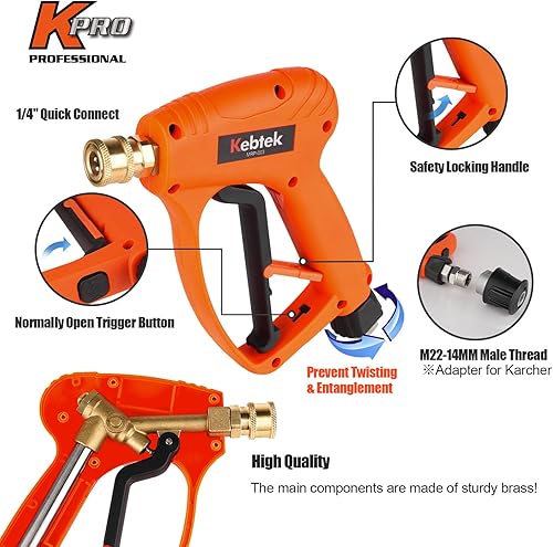 Pistola per idropulitrice Kebtek 5200 PSI con 5 ugelli a getto d'acqua, adattatore per Karcher K2-K7, interfaccia tubo flessibile M22 14MM, ugello a connessione rapida da 1/4” - Honorern