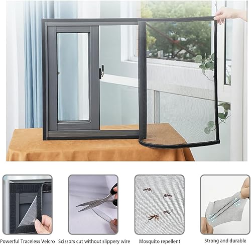 Zanzariera per Finestra 3 Pezzi Rete Zanzariera Dimensioni 130x150CM,Rete Impedendo Agli Insetti di Entrare Finestra con Nastri Autoadesivi Mosquito Net Nero - Honorern