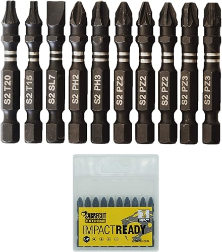 10 x SabreCut SCPC50_10 50 mm PZ2 PZ3 PH2 PH3 SL7 T15 T20 Set di punte per cacciavite a percussione a punta singola Pozidriv POZI Phillips n. 2 n. 3 Torx 15 20 per impieghi gravosi con custodia - Honorern