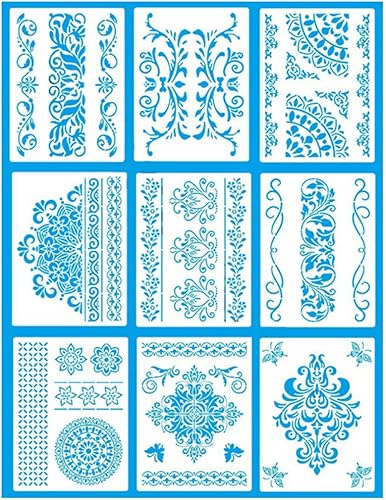 Stencil di Pittura,9 Pezzi Stencil per Bordi di Fiori,Disegno Pittura Stencil Set,Riutilizzabile Artigianato Mandala Stencils per Scrapbook Pareti DIY Decorazione (21 x 28 cm) - Honorern