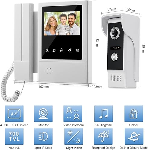 4.3'' TFT Videocitofono Citofono Campanello Sistema 2 Monitors + 700TVL IR Night Vision Camera Campanello Impermeabile 100 Metri - Honorern