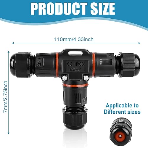 2 connettori per cavi a 3 poli, impermeabili, IP68, a forma di T, impermeabili, a 3 poli, per diametro del cavo di 3–12 mm, scatola di derivazione impermeabile a 2 vie, per giardino, esterni - Honorern