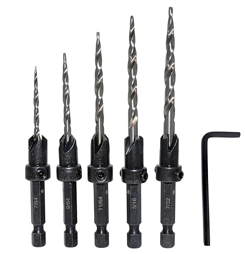 Meichoon Set di 5 punte per trapano a testa esagonale, 3 in 1, punte pilota per legno, 7/64 9/64 11/64 3/16 7/32 viti fori con arresto di profondità regolabile a sgancio rapido 1 chiave a brugola - Honorern