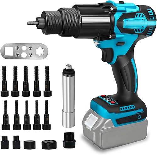 Rivettatrice a Batteria, Pistola per Rivetti a Batteria, Rivettatrice a Batteria, Utensile Automatico per Rivettare, con Guide per Rivetti 2,4/3,2/4,0/4,8 e Estrattore per Dadi M6/M8 - Honorern