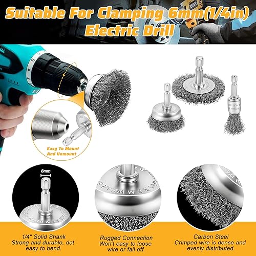 14 Pezzi Spazzole per Trapano, Metallica Per Trapano 6 mm Spazzola Metallica per Lucidare per Lucidare, Levigare, Rimuovere la Ruggine, Vernice - Honorern