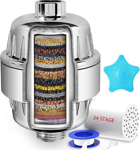 Filtro doccia a 34 stadi con vitamina C per acqua dura, filtro addolcitore d'acqua con cartuccia filtro multistadio sostituibile per rimuovere cloro, metalli pesanti - Honorern