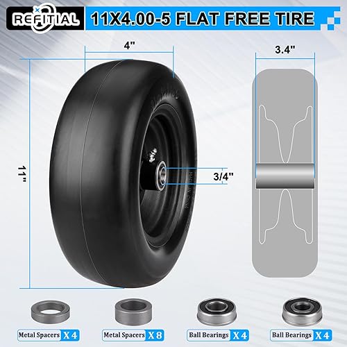 Pneumatici per tosaerba da 11 x 4,00-5, piatti liberi, solidi e lisci con ruote da 3/4' e 5/8' e 1/2', cuscinetti a sfera da 8,6 - 18,8 cm, mozzo centrato, per tosaerba a rotazione zero, confezione da - Honorern