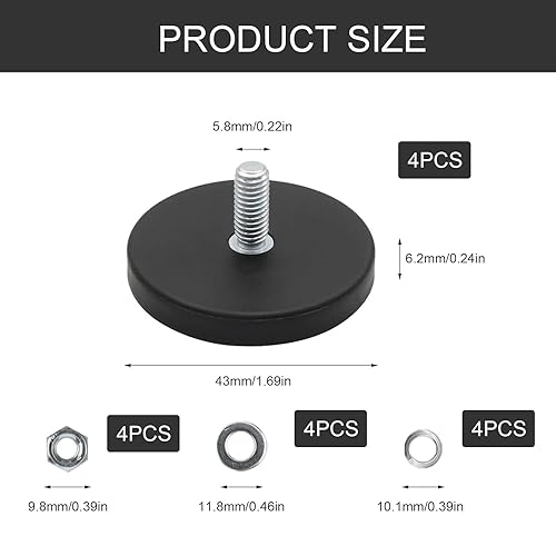 Magneti al Neodimio Gommati 43mm, LNSYSNS 4 Pezzi Gommati Ganci Magnetici, Magnete Potente con Filettatura Esterna M6, Adatto per Collegare Strumenti, Blocchi, Segnali - Honorern