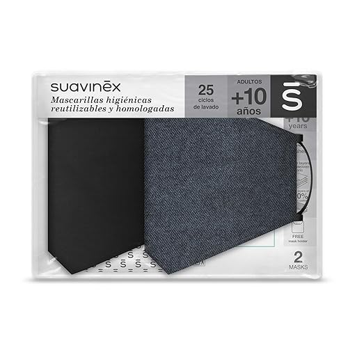 Suavinex 401325 mascherine igieniche per adulti riutilizzabili certificate e approvate +10 anni. 3 strati. 25 cicli di lavaggio.Prodotto in Spagna, 2 unità, Denim e Nera - 29 g - Honorern