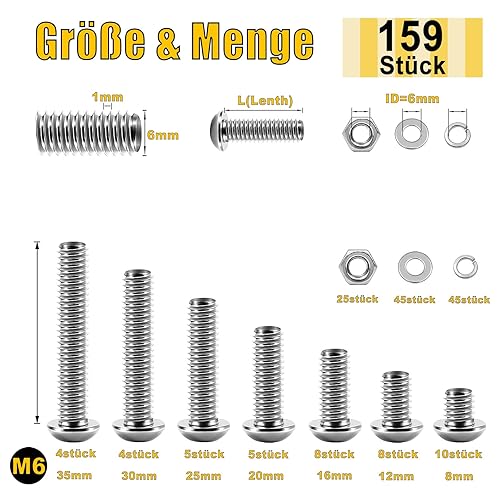 Set di 380 viti M4, viti a testa bombata e rondelle, set di viti filettate, set di dadi per macchina, in acciaio inox A2 V2A, lunghezza di 8-30 mm - Honorern