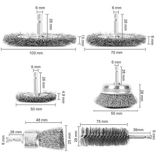 6 Pezzi Spazzole Metalliche, Spazzola Acciaio per Trapano con 1/4 Pollice Gambo Filo Acciaio per Rimozione Ruggine, Corrosione, Vernice - Honorern