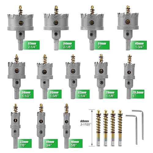WORKEASE Kit di seghe a tazza per metallo in carburo – 16 pezzi TCT 5/8'-2-1/4', set di frese a tazza per taglio ad alta precisione di acciaio inossidabile, ferro, rame, ottone - Honorern
