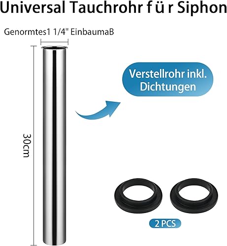 Tubo sommergibile universale per sifone 300 mm, prolunga tubo di scarico, sifone tubolare cromato 1 1/4' x 32 mm, cromato - Honorern