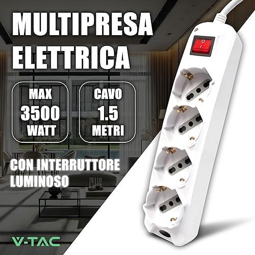 V-TAC Multipresa Elettrica con Interruttore e Cavo da 1,5 Metri - 4 Prese 10/16A Bipasso + Schuko - Spina 16A - Ciabatta Presa Elettrica per Casa, Ufficio, Negozio - Colore Bianco - Honorern