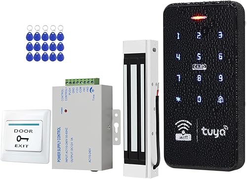 Tuya - Kit di controllo accessi impermeabile per esterni, wireless, WiFi, RFID, tastiera, retroilluminazione, controller touch + 15 portachiavi da 125 kHz + blocco elettromagnetico da 180 kg - Honorern