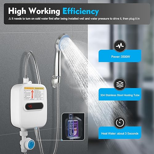 Scaldabagno Istantaneo 3500 W, Riscaldatore d'Acqua Elettrico Con Soffione Doccia, Rubinetto Riscaldante per Cucina, Bagno e Doccia - Honorern