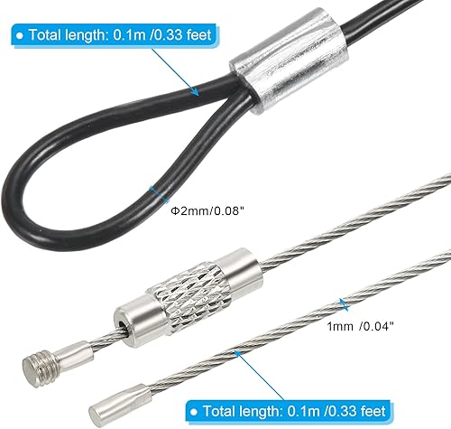 PATIKIL 0. 3Ft Sicurezza Cavo Blocco, 5pz Inossidabile Acciaio 2mm Dia Sicurezza Filo Corda con Doppio Ring Avvitato Filo Cavo per Stadio Illuminazione Bagagli Blocco Nero - Honorern