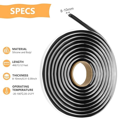 flintronic Nastro di Tenuta in Butilico, Diametro Φ8-10mm x 4m Nastro Sigillante Autoadesivo Impermeabile in Alluminio, per Riparazioni Tubi, Finestra, Tetto, Parasole, Pavimento, Cucina, Grondaie - Honorern
