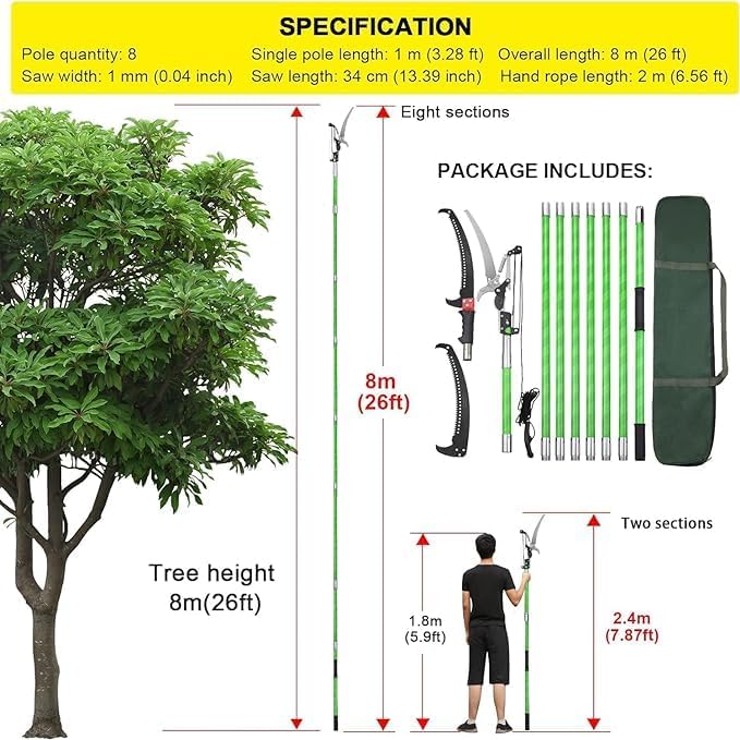 8M Sega Per Alberi Con Manico Telescopico,Cesoia Per Potatura Manuale,Regolabile in Altezza Attrezzi da Giardinaggio Altezza Per Segare e Cesoiare - Honorern