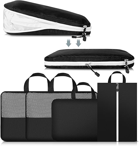 Set di 4 Sacchetti a Compressione Doppia Faccia, 3 Cubi Compressione 1 Bustina per Scarpe, Compression Packing Cubes Organizer Valigia Salvaspazio per Viaggi, Escursioni e Crociere - Honorern