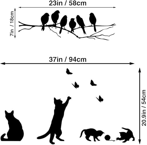 CUNYA 2 set adesivi murali neri carini, gatti che giocano e uccelli sui rami degli alberi Carta da parati murales Decorazioni per la casa per camere da letto, Soggiorno, Finestra - Honorern