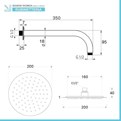 Kit doccia nero opaco con braccio 40 cm e soffione 25 cm, in acciaio inox con snodo orientabile e ugelli anticalcare - Honorern