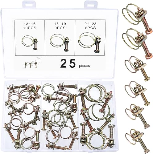 25 Pz Fascette Stringitubo a Doppio Filo, Fascette Stringitubo a Vite Regolabili, Clip Tubi a Doppio Filo Flessibile in Carbonio Acciaio per Fissaggio Tubi Idraulici, 13-16 mm 10-16 mm 21-25 mm - Honorern