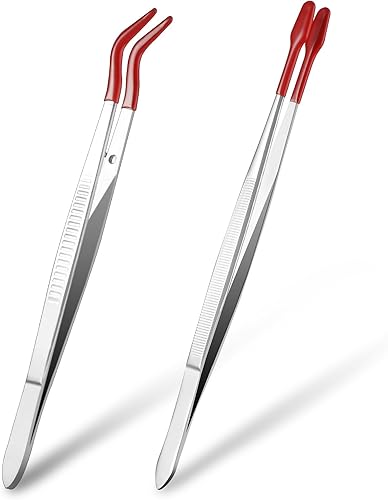 2 pinzette in acciaio inox da 15,5 cm, punta piatta dritta, punta curva, antiscivolo, pinzette angolate con punta in gomma per lavori di precisione, lavori di laboratorio, gioielli artigianali - Honorern